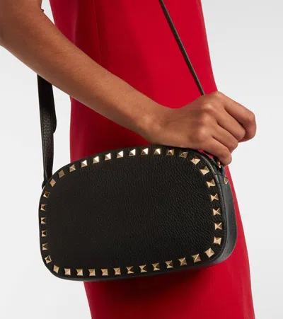 Valentino Garavani Textured Leather Shoulder Bag With Adjustable Strap In Black