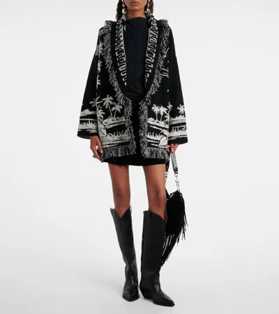 Alanui Black Cardigan With Tropical Pattern And Fringes In Black