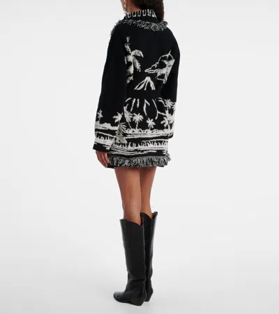 Alanui Black Cardigan With Tropical Pattern And Fringes In Black
