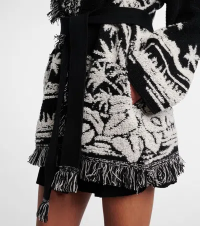 Alanui Black Cardigan With Tropical Pattern And Fringes In Black