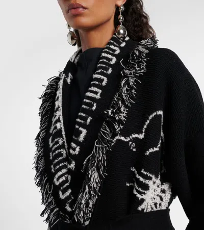 Alanui Black Cardigan With Tropical Pattern And Fringes In Black