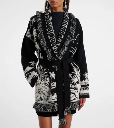Alanui Black Cardigan With Tropical Pattern And Fringes In Black