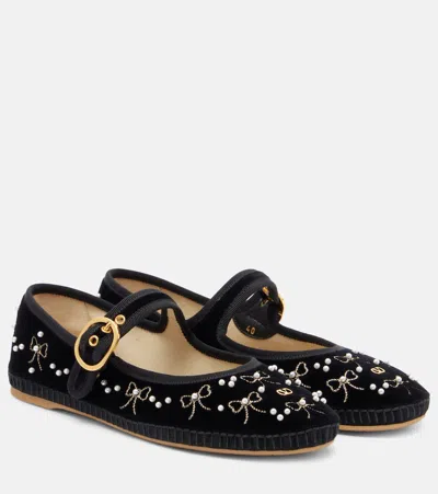Valentino Signature Vlogo Ballerina Shoes In Velvet In Black