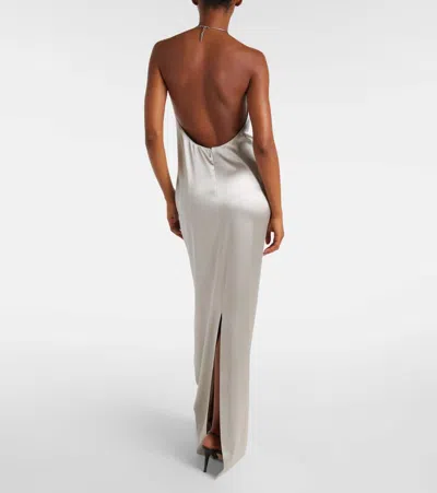 Ralph Lauren Corra Lux Stretch Satin Sleeveless Halter Gown In Gray