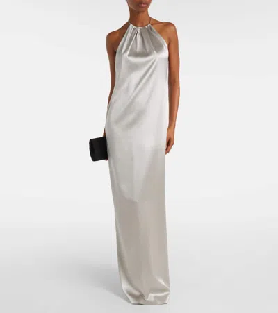 Ralph Lauren Corra Lux Stretch Satin Sleeveless Halter Gown In Gray