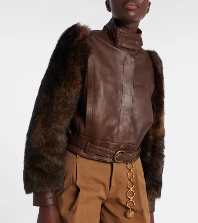 羊毛皮边饰短款皮革夹克