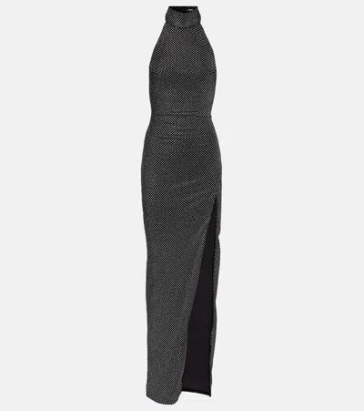 Balmain Long Velvet Halterneck Dress With Rhinestones In Black