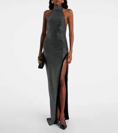 Balmain Long Velvet Halterneck Dress With Rhinestones In Black