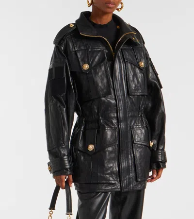 Balmain Leather Parka Jacket In Black
