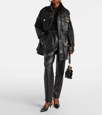 Balmain Leather Parka Jacket In Black