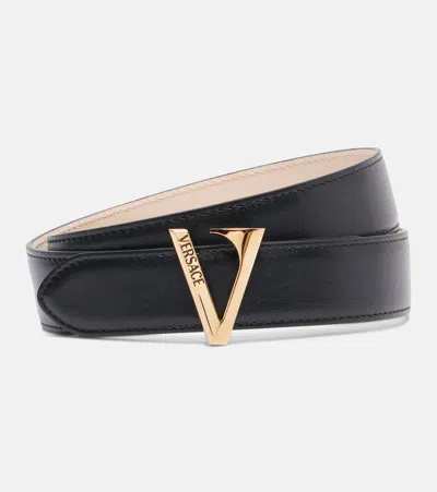 Versace Logo Leather Belt In Gold