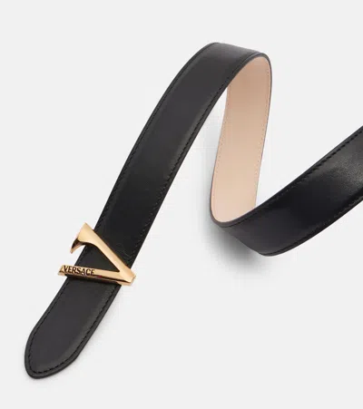 Versace Logo Leather Belt In Gold