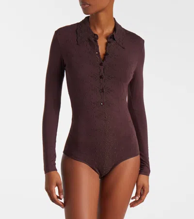 Magda Butrym Embroidered Cotton-blend Bodysuit In Brown