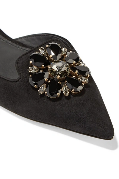 Shop Dolce & Gabbana Bellucci Crystal-embellished Suede Point-toe Flats