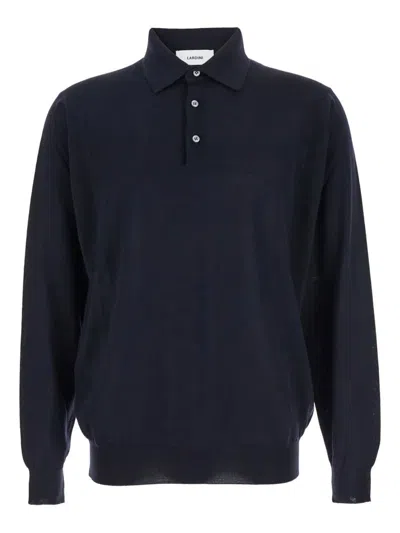 Lardini Blue Polo With Classic Collar And Long Sleeves In Cotton And Silk Blend Man In Blue