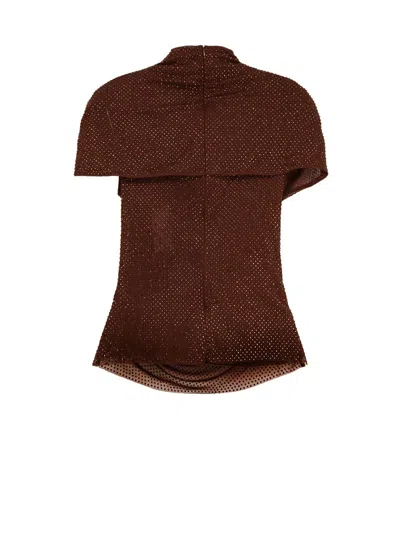 Self-portrait Crystal-embellished Draped Mesh Top In Brown