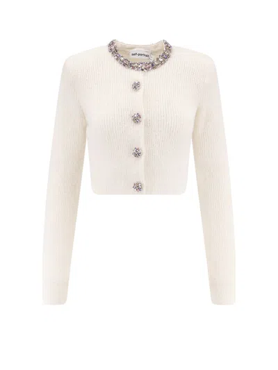Self-portrait Cropped Sweater With Textured Boucle Knit And Crystal Embellishments In White