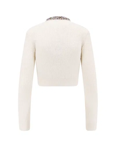 Self-portrait Cropped Sweater With Textured Boucle Knit And Crystal Embellishments In White