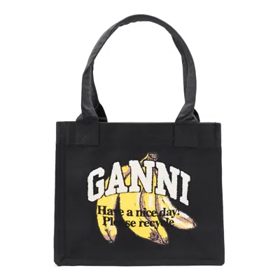 Ganni Banana Print Large Tote Bag In Black
