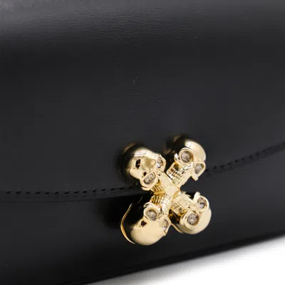 Alexander Mcqueen Black Leather Skull Flower Small Shoulder Bag In Animal Print