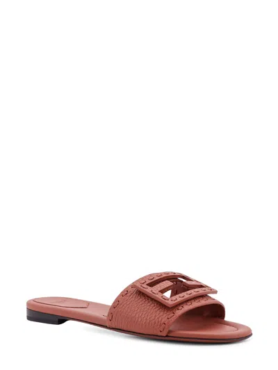 Fendi Baguette Leather Slides With Macro Selleria Topstitches In Brown