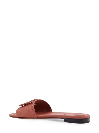 Fendi Baguette Leather Slides With Macro Selleria Topstitches In Brown