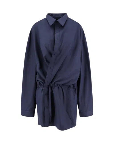 Balenciaga Elasticated Waistband Cotton Shirt Mini Dress In Blue
