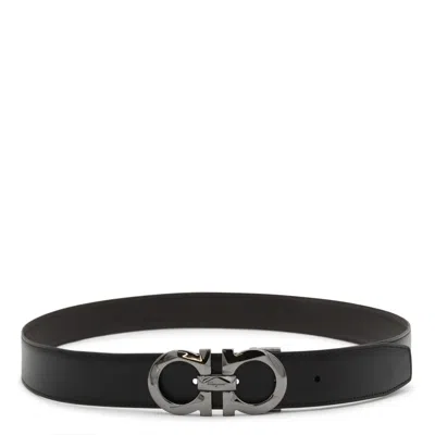 Ferragamo Black Leather Gancini Belt In Red