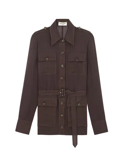 Saint Laurent Biologic Silk Dress With Belt At Waist In Brown