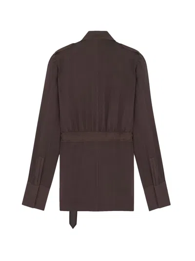 Saint Laurent Biologic Silk Dress With Belt At Waist In Brown