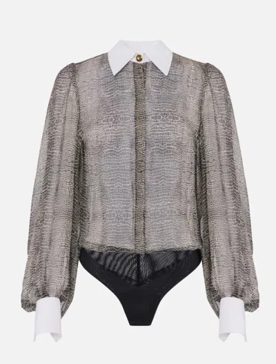 Elisabetta Franchi Silk Bodysuit With Delicate Reptile Scale Pattern In Black