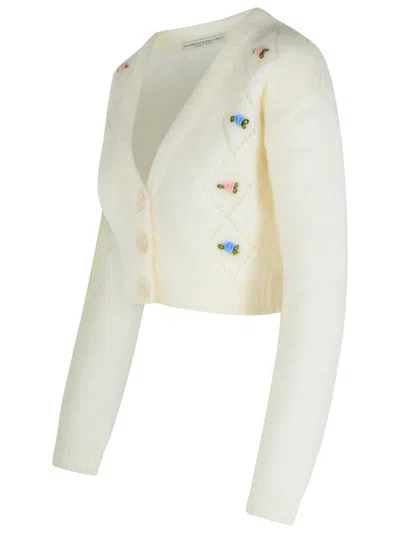 Alessandra Rich Cropped Mohair V-neck Cardigan With Long Sleeves In White