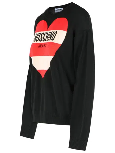 Moschino Heart Graphic Knit Sweater With Crew Neckline In Black
