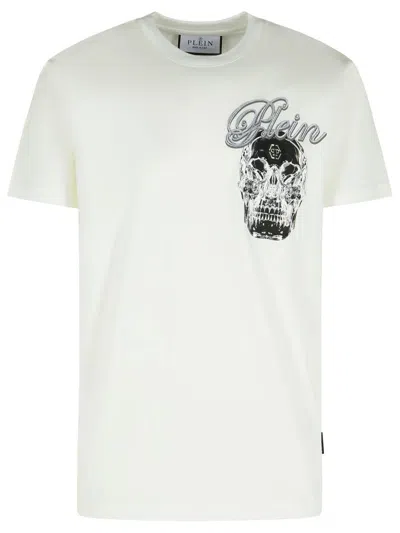 Philipp Plein Ribbed Crew Neck T-shirt With Logo Patch And Chest Print In White