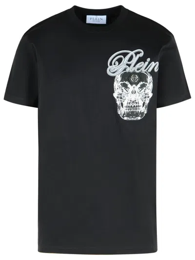 Philipp Plein Ribbed Crew Neck T-shirt With Logo Patch And Chest Print In Black