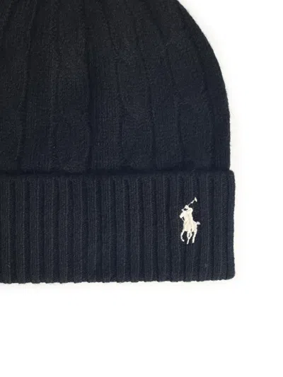 Polo Ralph Lauren Ribbed Knit Beanie Hat With Logo Detail In Black