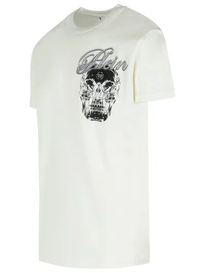 Philipp Plein Ribbed Crew Neck T-shirt With Logo Patch And Chest Print In White