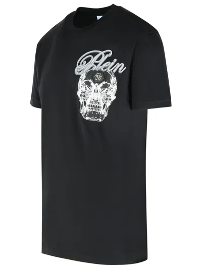 Philipp Plein Ribbed Crew Neck T-shirt With Logo Patch And Chest Print In Black