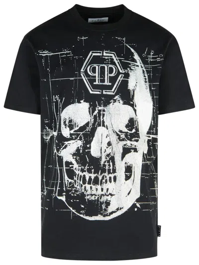 Philipp Plein Crew Neck Black T-shirt With Crystal Skull Design And Logo Patch In Black