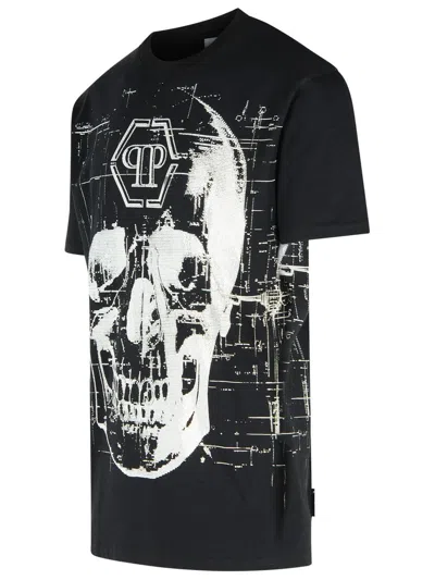 Philipp Plein Crew Neck Black T-shirt With Crystal Skull Design And Logo Patch In Black