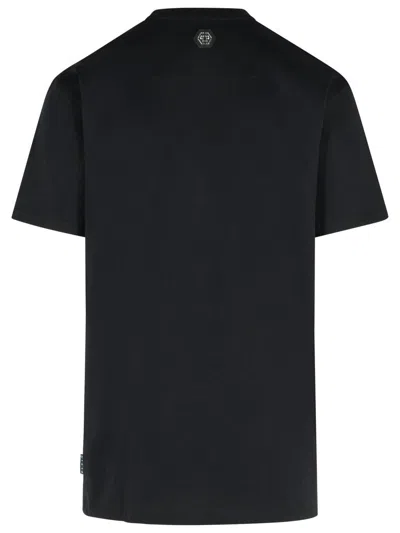 Philipp Plein Crew Neck Black T-shirt With Crystal Skull Design And Logo Patch In Black