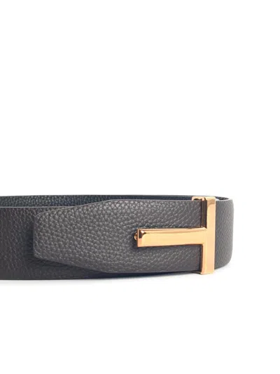 Tom Ford Calfskin Leather Belt With Gold-tone Monogrammed Buckle In Gray