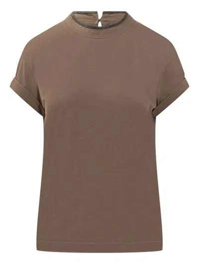 Brunello Cucinelli Stretch Cotton Jersey T-shirt With Precious Faux Layering Clothing In Brown