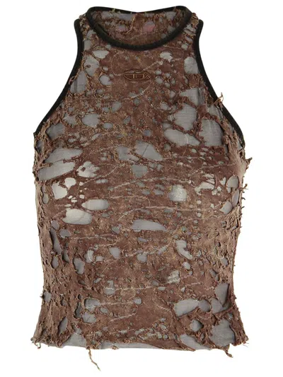 Diesel Logo Embroidered Distressed Sleeveless Top In Brown
