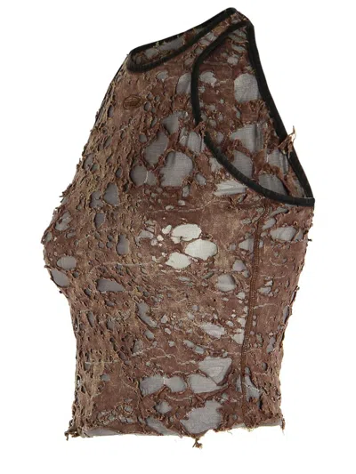 Diesel Logo Embroidered Distressed Sleeveless Top In Brown