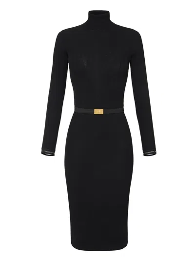 Elisabetta Franchi Dress In Ribbed Knit Fabric With Belt In Black