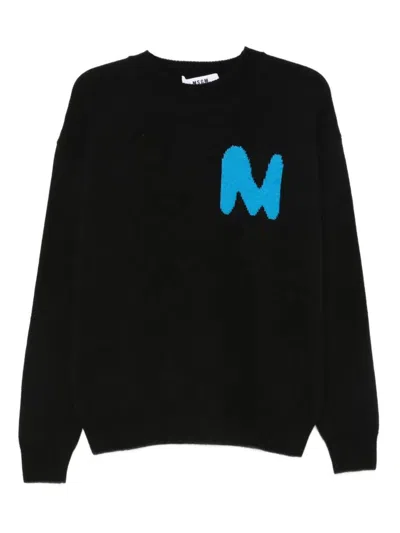 Msgm Ribbed Crew Neck Sweater With Long Sleeves In Black