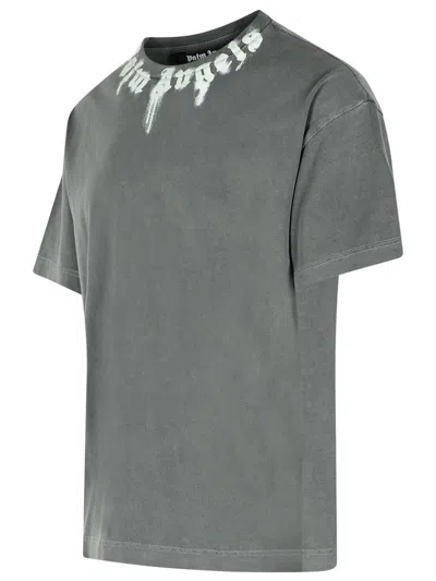 Palm Angels Gradient Gray Cotton T-shirt With Contrast Print In Gray