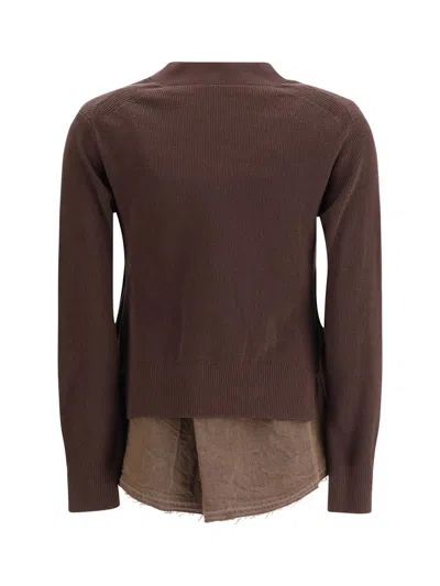 Sacai Cardigan With Denim Panel In Brown