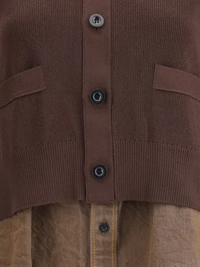 Sacai Cardigan With Denim Panel In Brown